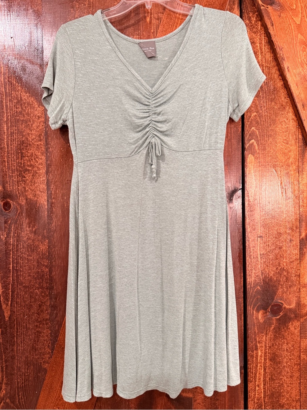 Olivia Rae Sage Green Ruched V‑Neck Short Sleeve Swing Dress